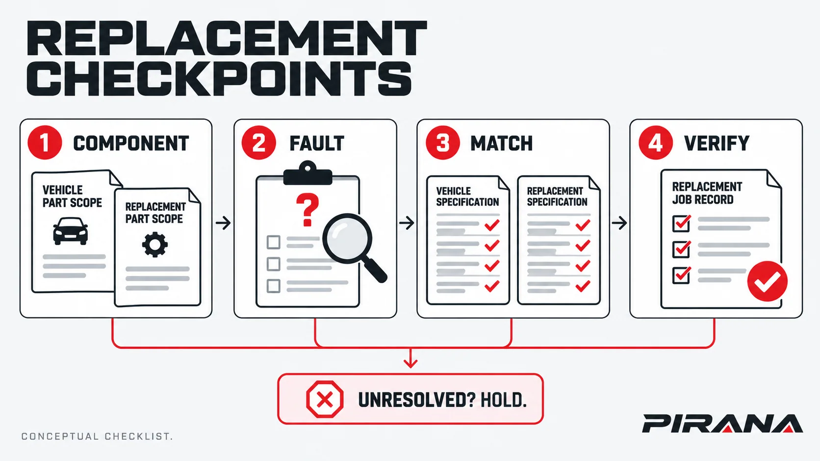 Four replacement checkpoints: define the component, establish the fault, match the candidate and verify the completed job